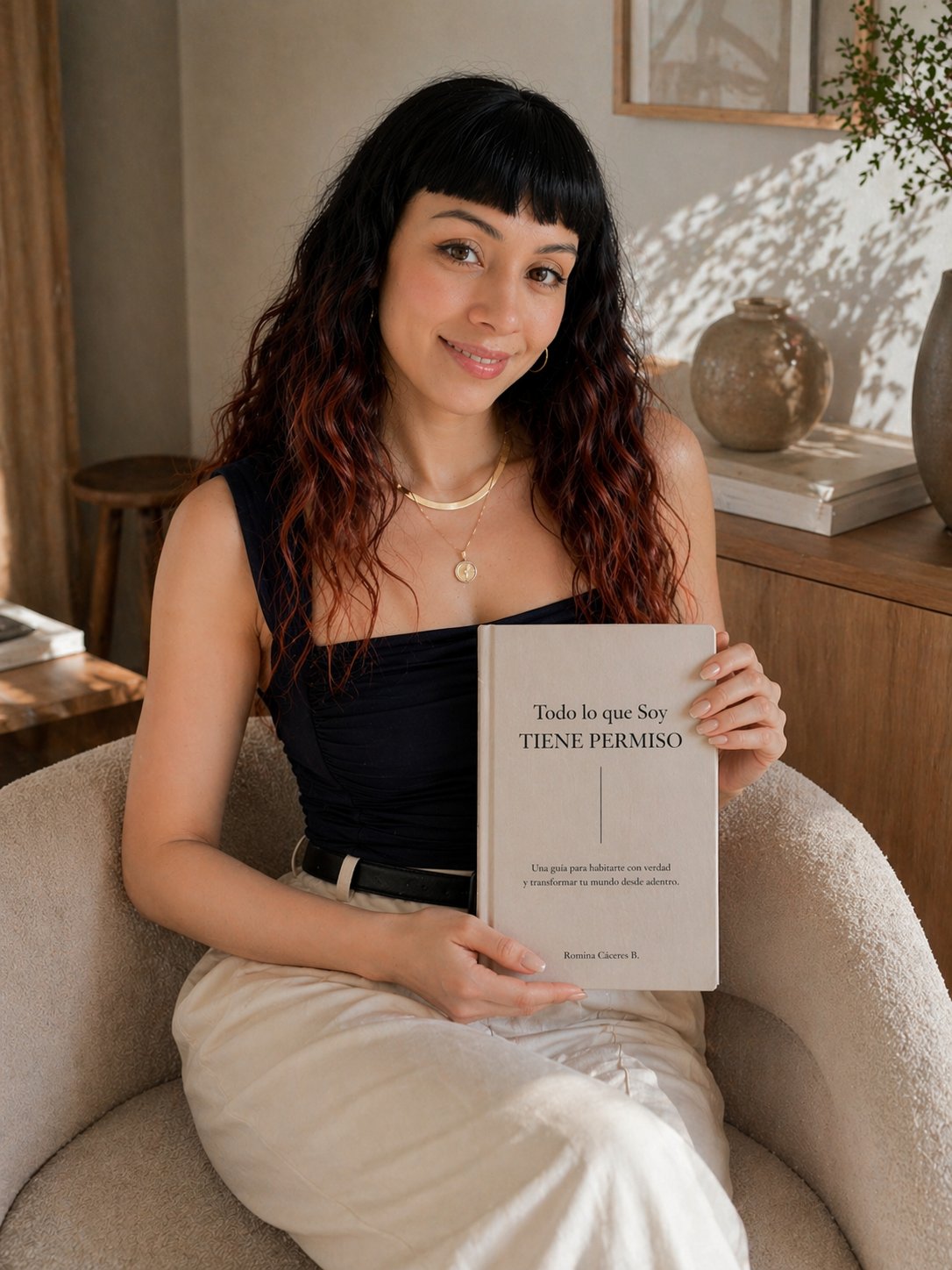 Romina Cáceres sosteniendo el libro Todo lo que soy tiene permiso, en un espacio cálido con una taza de café y un cuaderno